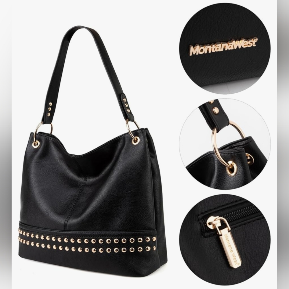 Montana West Black Shoulder Bag with Gold Accents.NWT. - Picture 2 of 10